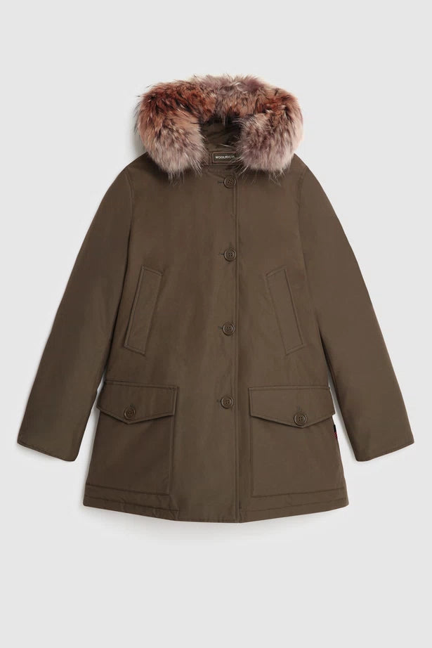 Woolrich Woman Arctic Parka in Ramar with Detachable Fur Trim Dark Green