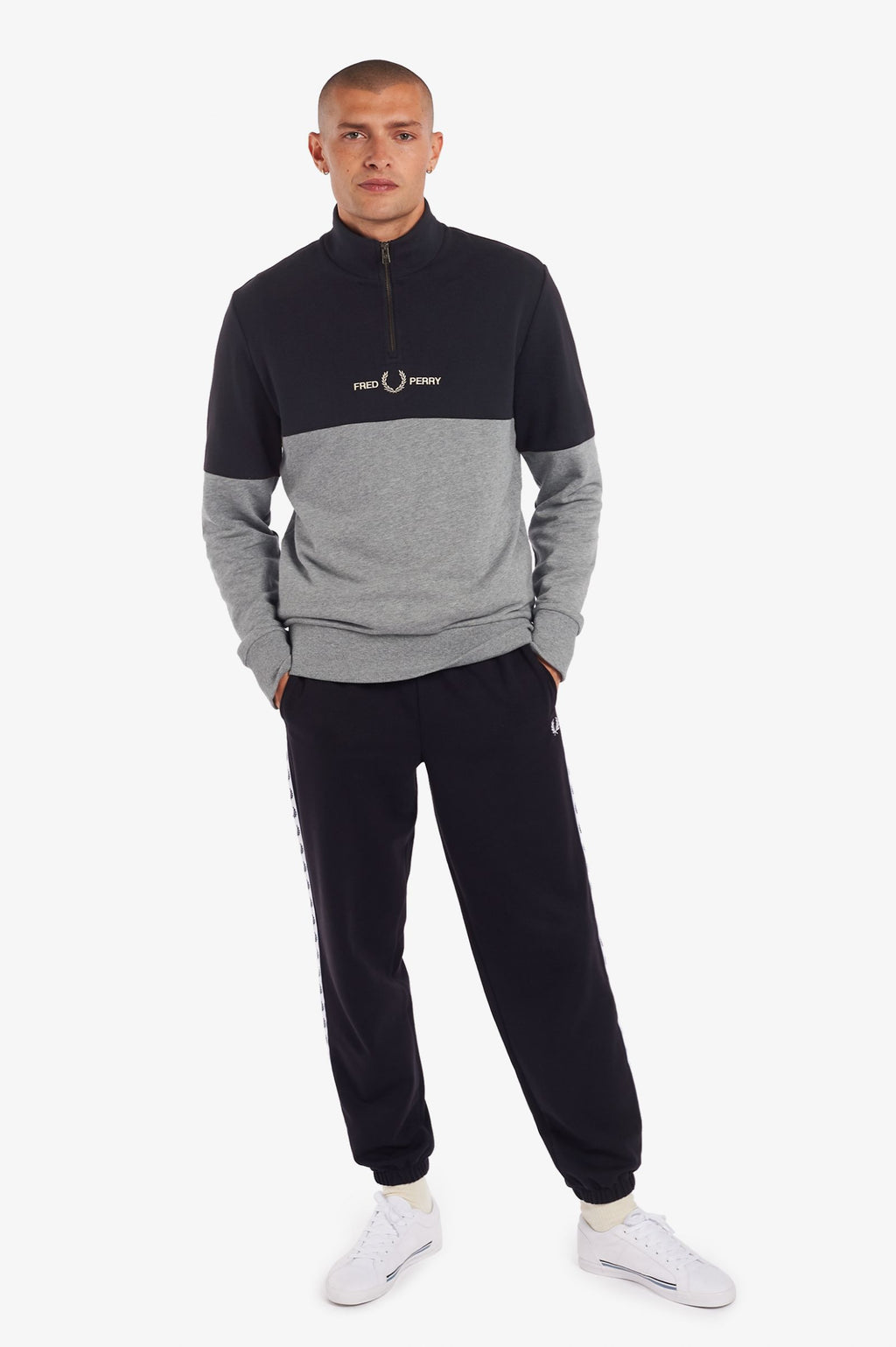 Fred Perry Colour Block Half Zip Sweatshirt Steel Marl