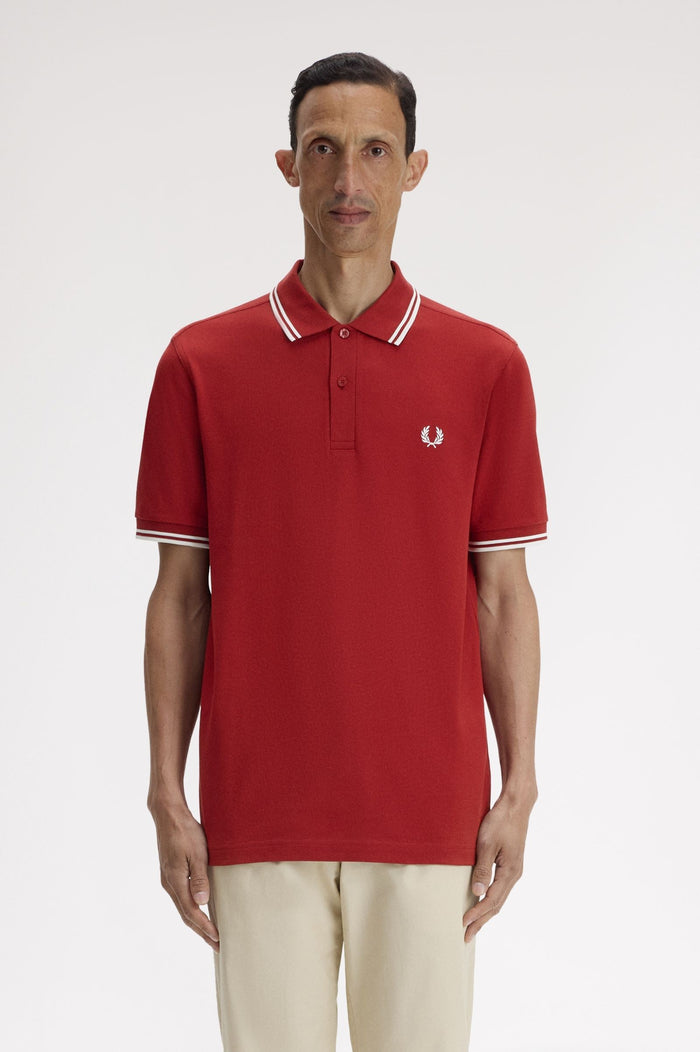 Fred Perry Slim Fit Twin Tipped Polo Burnt Red / Snow White / Snow White