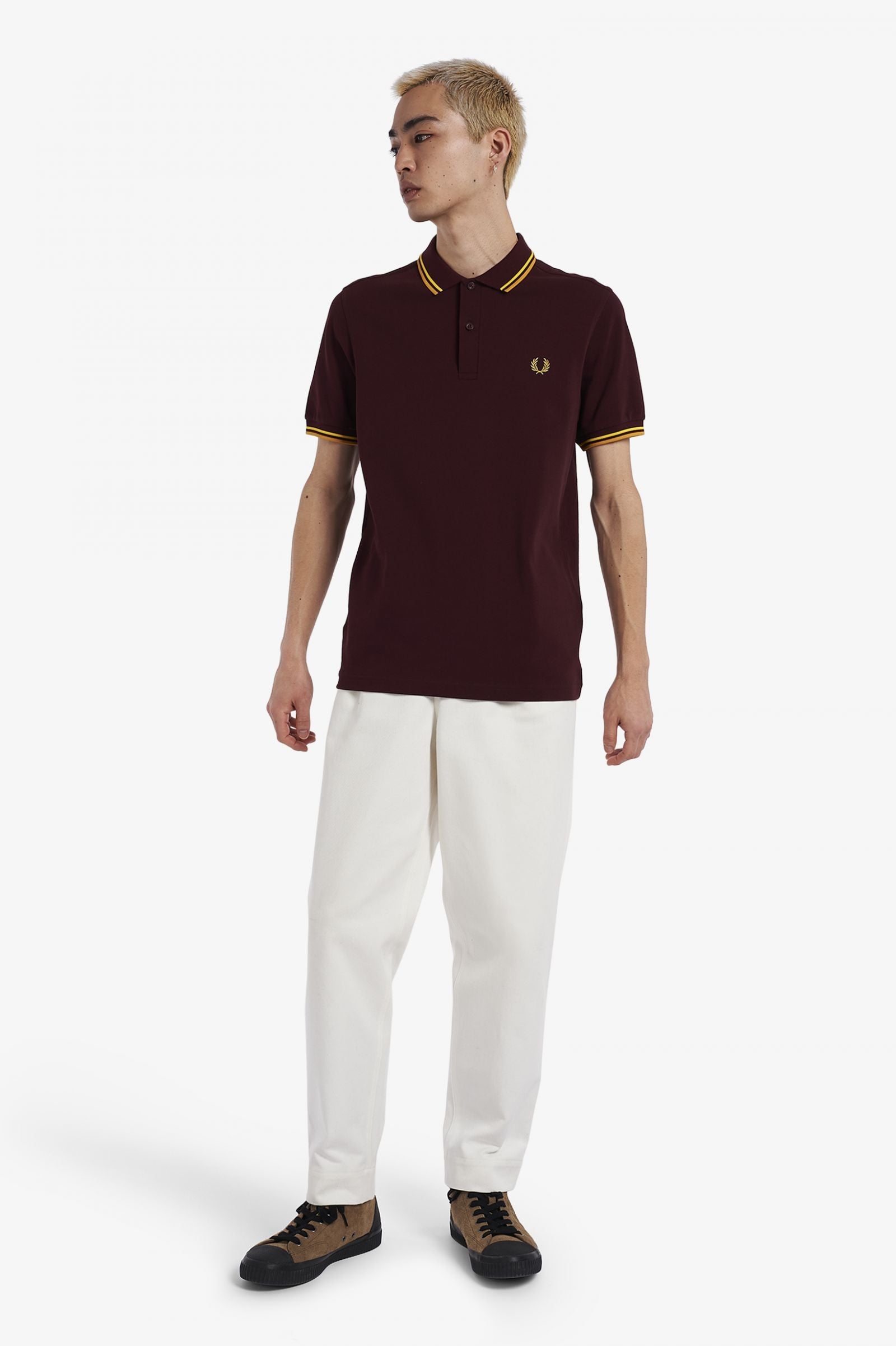 Fred Perry Slim Fit Twin Tipped Polo Oxblood / Electric Yellow / Gold