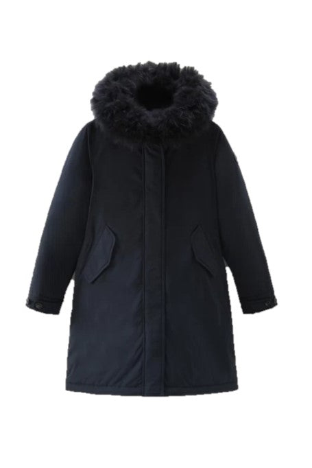 Woolrich Woman Long Parka with Cashmere Fur Melton Blue