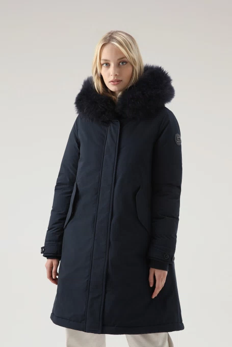 Woolrich Woman Long Parka with Cashmere Fur Melton Blue